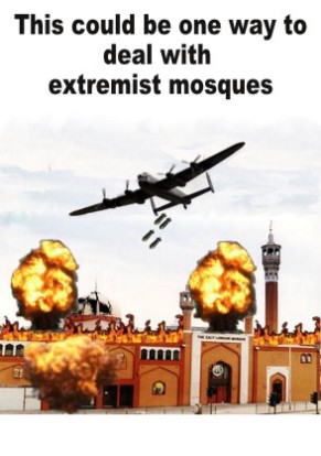 This image is in no way intended to encourage viewers to buy, steal or construct a World War II Lancaster bomber and attack the East London Mosque. 